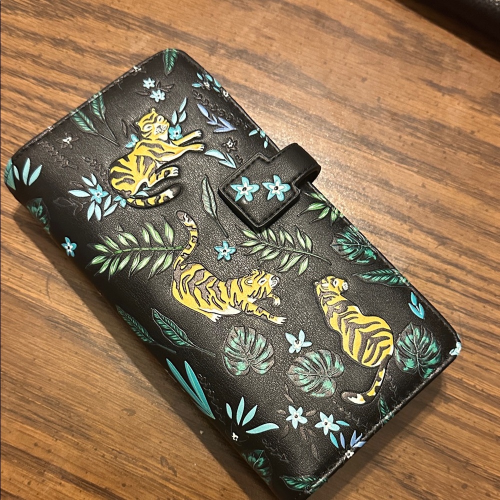 Black Wallet with Tiger and Leaf Design